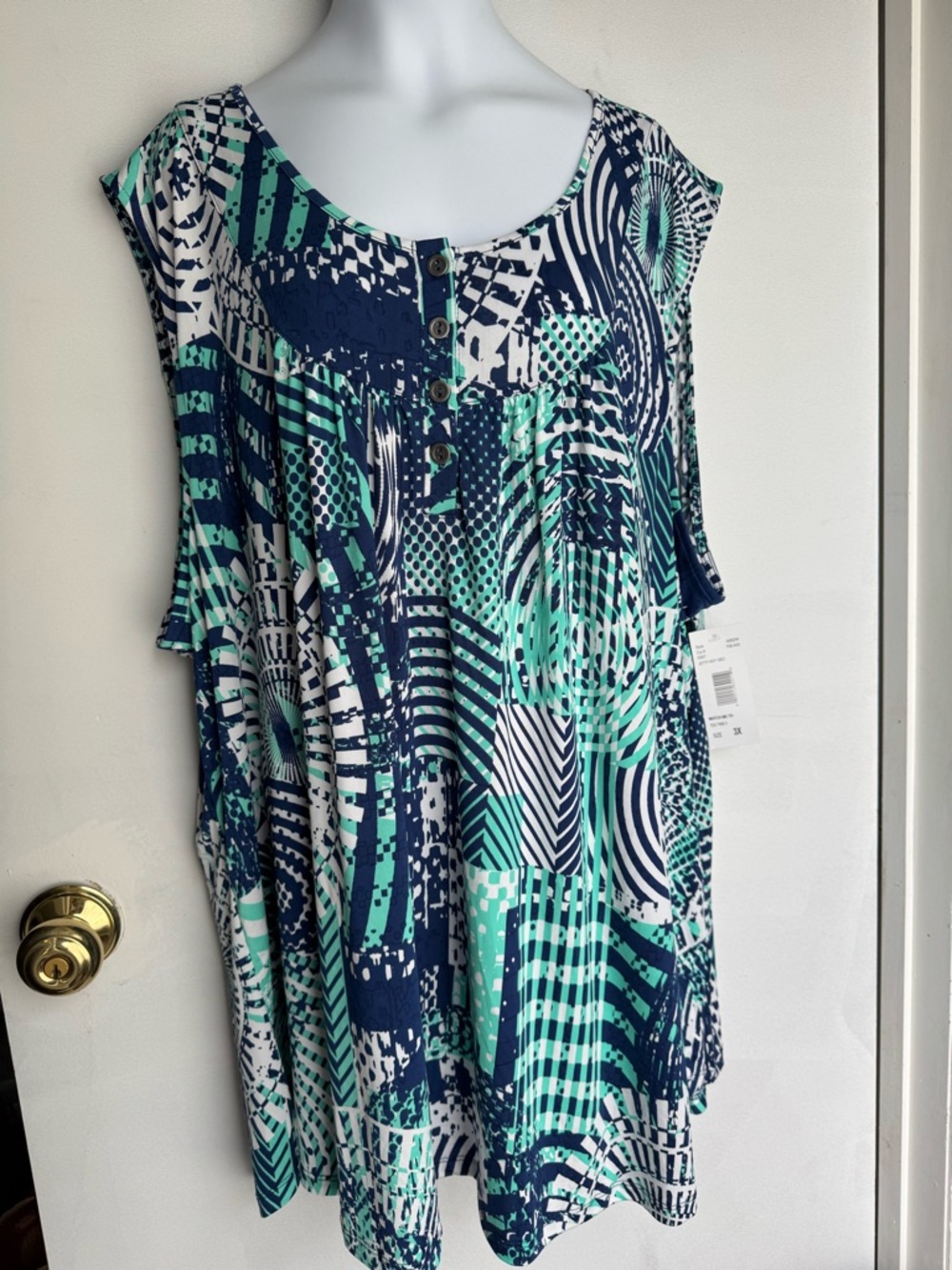 Sleeveless Geometric Print Tunic Top - Navy & Teal